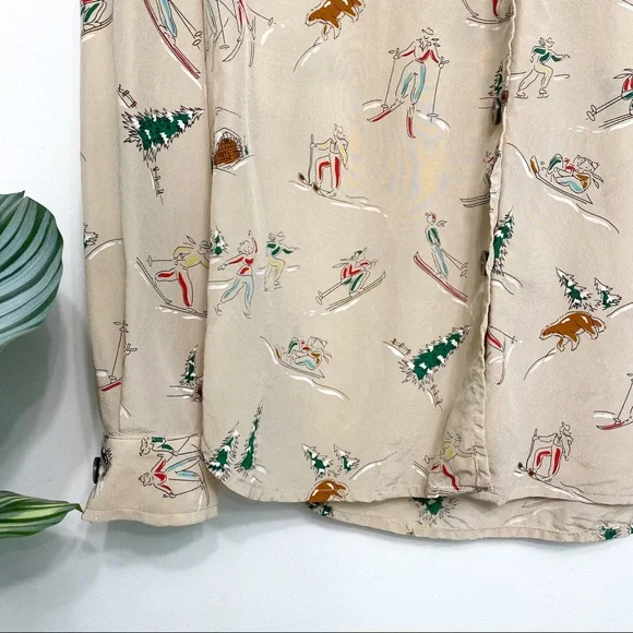 vintage | evan piccone skiing skating winter fun print silk blouse m - Picture 3 of 12